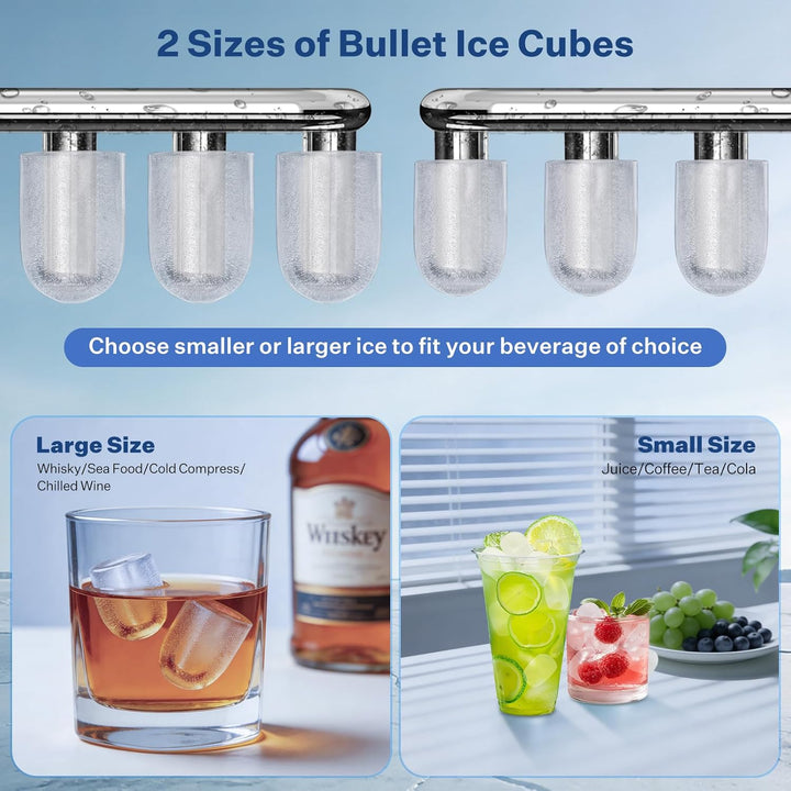 Eiswürfelmaschine, Ice Cube Maker 9 Eiswürfel in 6-8 Minuten,2 Grössen von Bullet Ice,12KG/24H,Selbs
