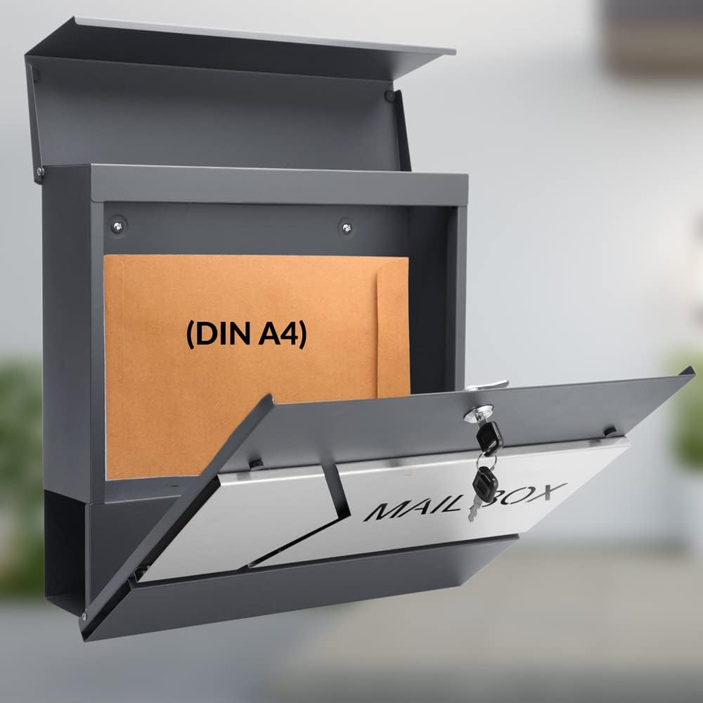 MONZANA® Design Briefkasten Stahl anthrazit mit Zeitungsfach 2 Schlüssel Zeitungsrolle Wandbriefkast