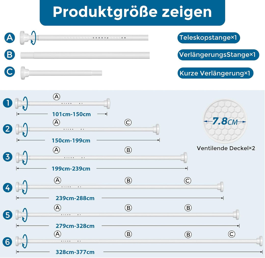 AIZESI 1 Stück Gardinenstange ohne Bohren 105-375cm Teleskopstange Vorhang Verstellbare Gardinenstan