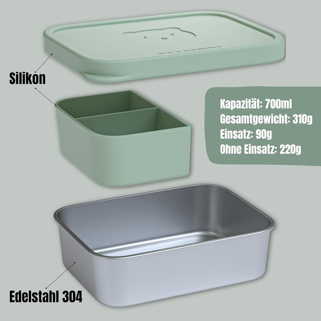 BEARFOOT Edelstahl Brotdose Kinder mit Silikondeckel (Grün, 700 ml) | BPA-frei, auslaufsicher, Brotz