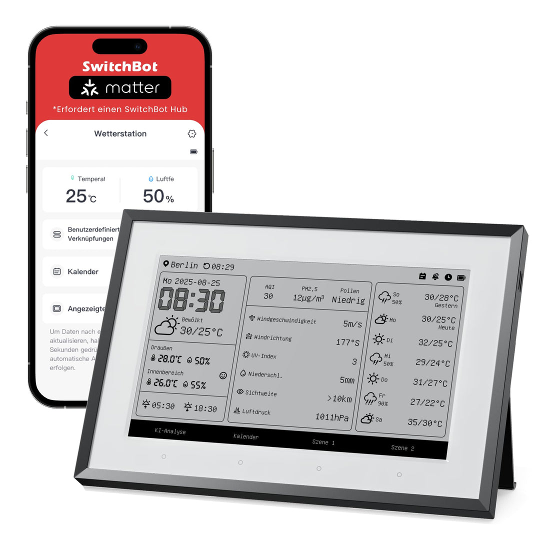 SwitchBot Smartes E-Ink-Home-Dashboard, 7,5" kabelloser Monitor für Innen-/Aussentemperatur und Luft