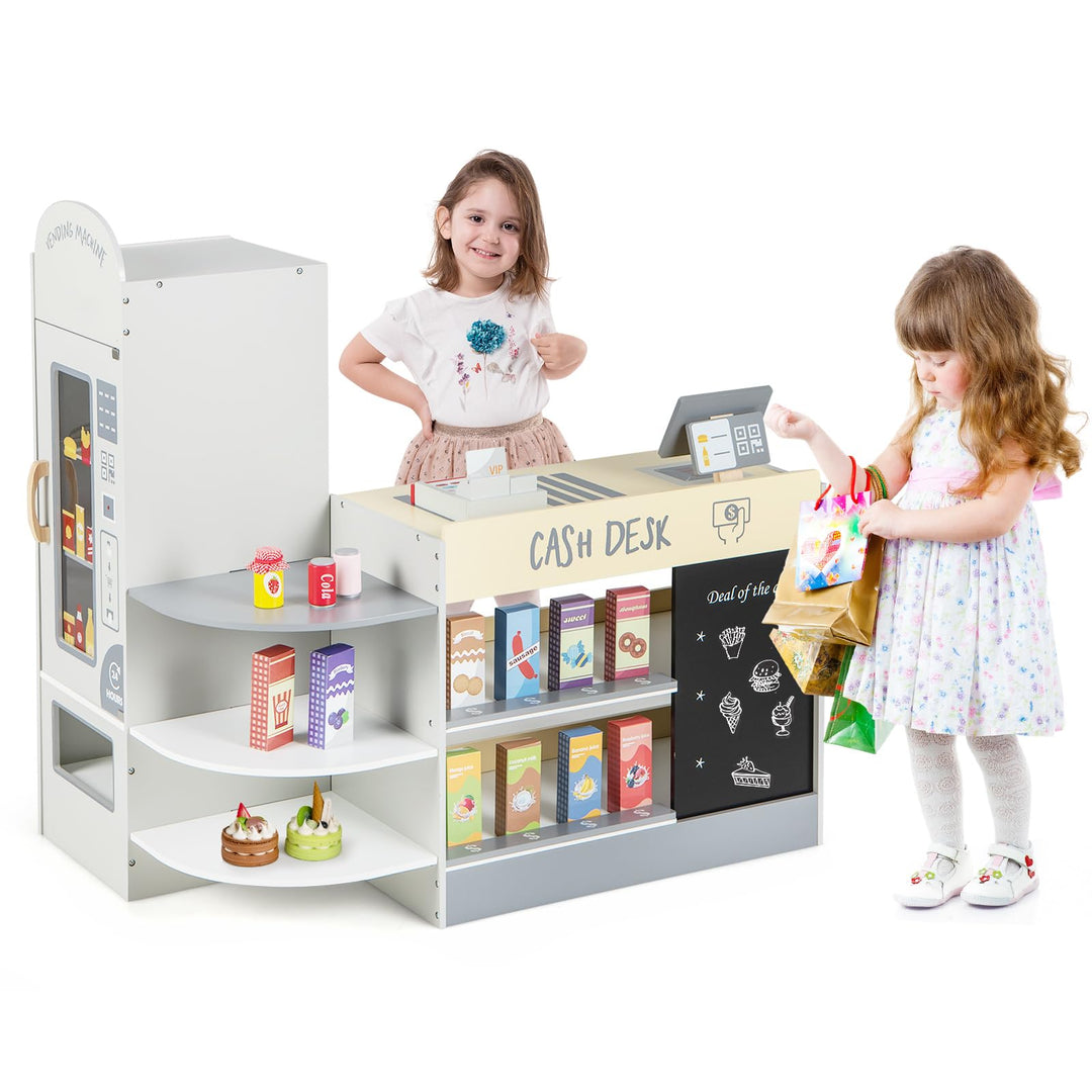 COSTWAY Kinder Kaufladen, Kaufmannsladen aus Holz mit Seitentheke, Supermarkt-Set mit Kasse, POS-Mas