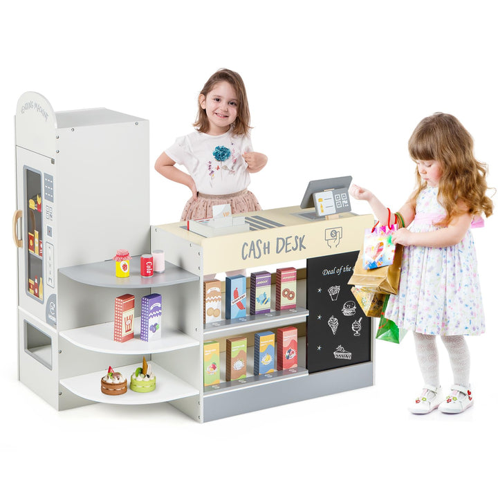 COSTWAY Kinder Kaufladen, Kaufmannsladen aus Holz mit Seitentheke, Supermarkt-Set mit Kasse, POS-Mas
