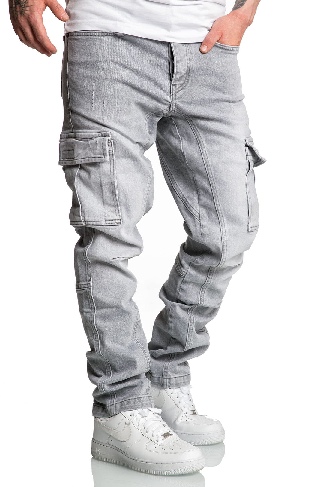 Amaci&Sons Herren Cargo Jeans Regular Slim Denim Hose Destroyed 7977 30W / 32L Hellgrau, 30W / 32L H