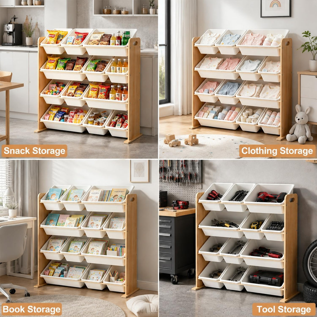 Kinderregal mit 12 Boxen,Spielzeug Organizer Naturholzfarbe | Praktische Spielzeugaufbewahrung mit m