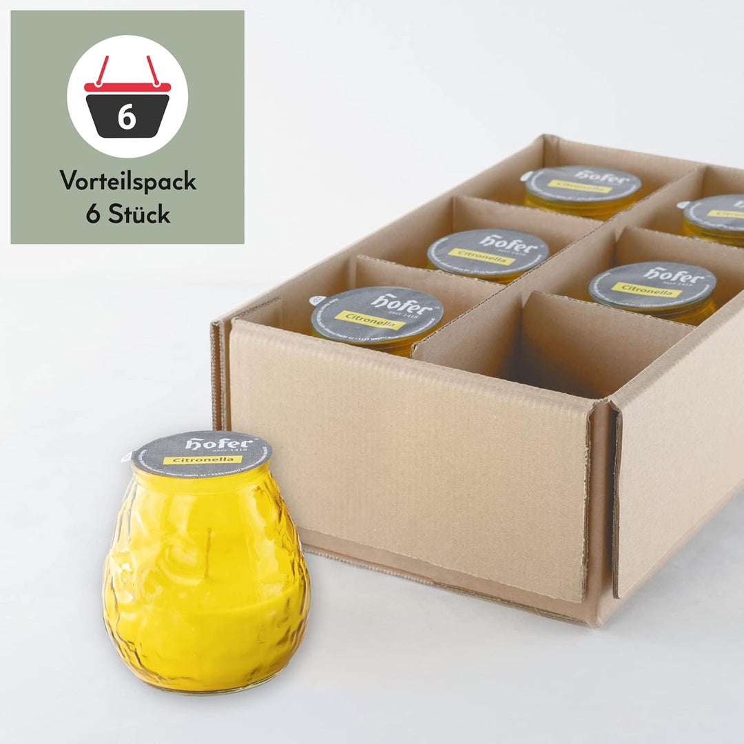 HOFER 6 x Bistro-Licht Citronella gelb | Windlicht Outdoor | Hochwertige Kerze im Glas mit Citronell