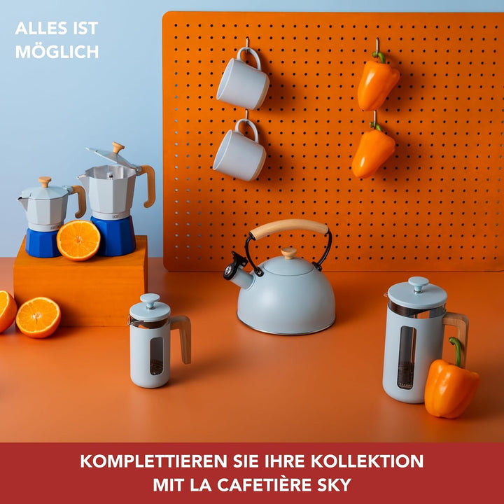 La Cafetière Pisa Kaffeebereiter für 3 Tassen, himmelblau, langlebiger Edelstahl-Rahmen und -Kolben,