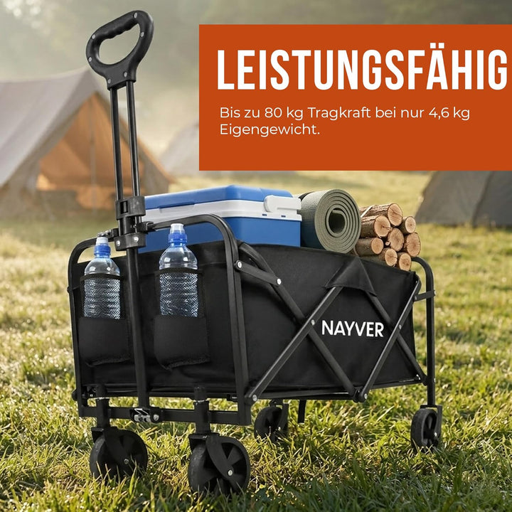 Faltbarer Bollerwagen Camping Trolley Handwagen | Bis 80kg Tragkraft, 60L Volumen, 360° Rädern, 600D
