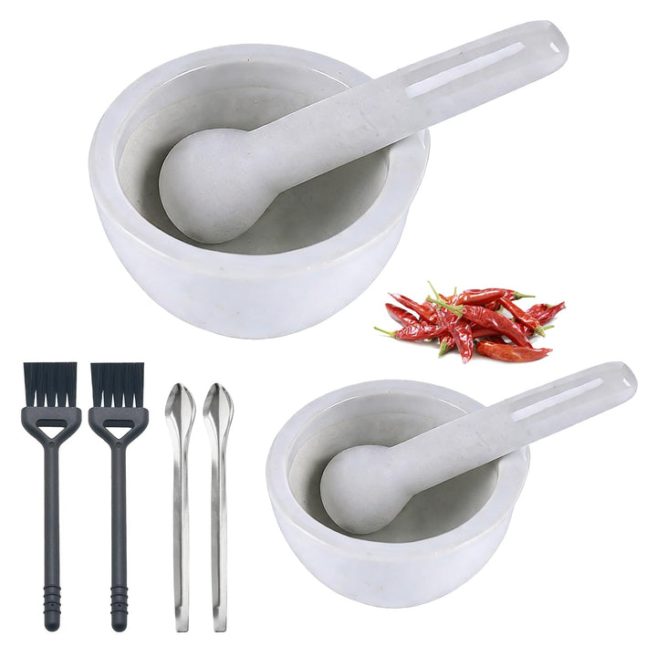 Mörser mit Stössel Set, 5,5cm und 8cm Mörser Klein, Enthält 2 Reinigungsbürsten und 2 Kleine Löffel,
