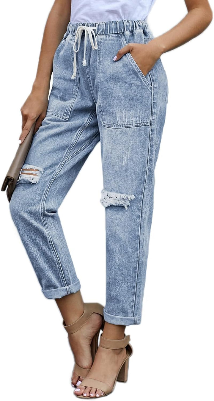 Alaster Queen Jeans Damen Lässig High Waist Baggy Damen Knie Zerrissen Jeans 209-himmelblau S, 209-h