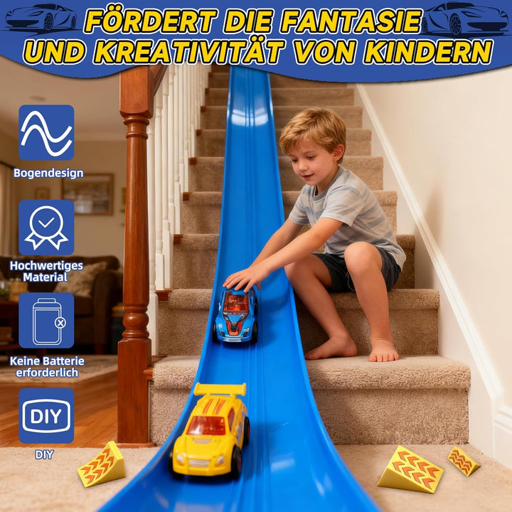 Charmofun Autorennbahn für Kinder 5M, Flexible Rennbahn Kinder mit 4 Autos, Aufbewahrungstasche, Kat