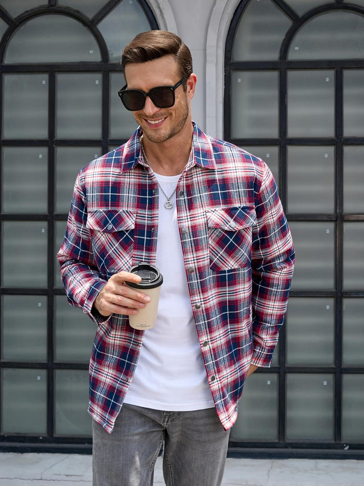 TACVASEN Herren Karierte Hemdjacke Flanellhemd Holzfällerhemd Thermohemd Jacke S Rot Weiss, S Rot We