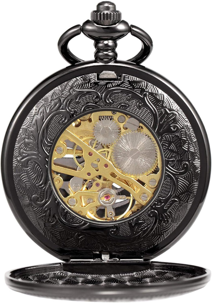 TREEWETO Unisex Taschenuhr mit Kette Analog Handaufzug Doppelscharnier Adler Skelett Römische Ziffer