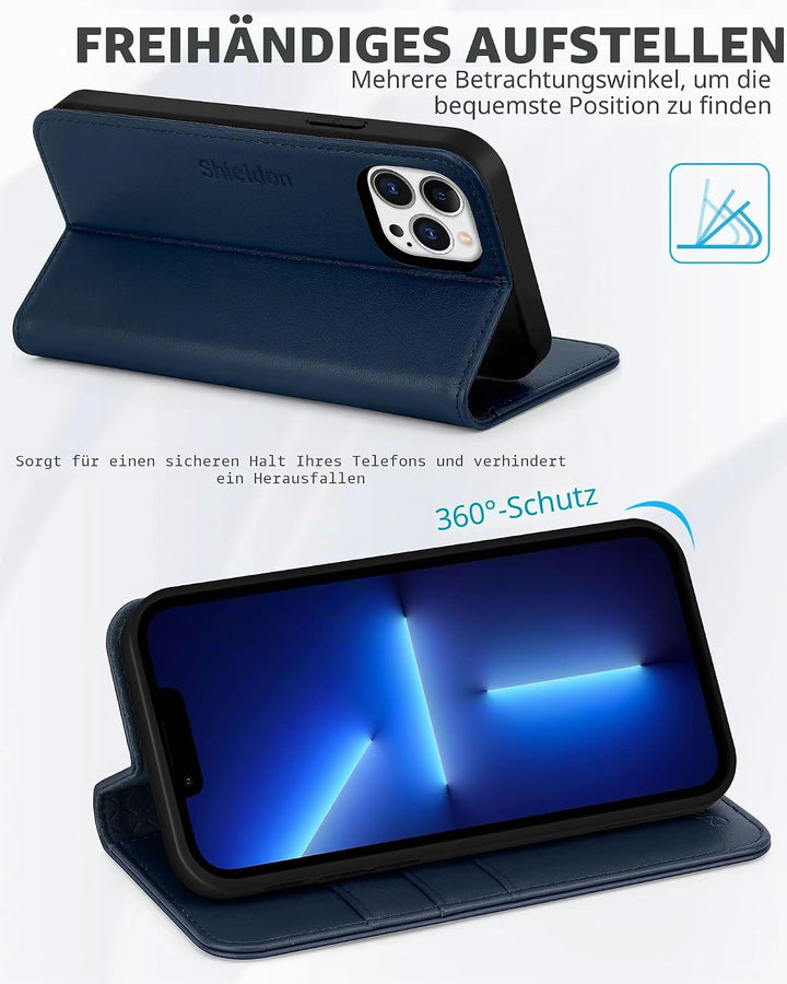 SHIELDON Hülle für iPhone 13 Pro Max, Schuzhülle [Echtleder] [Kartenfach] [Verdichtes TPU] Magnetisc