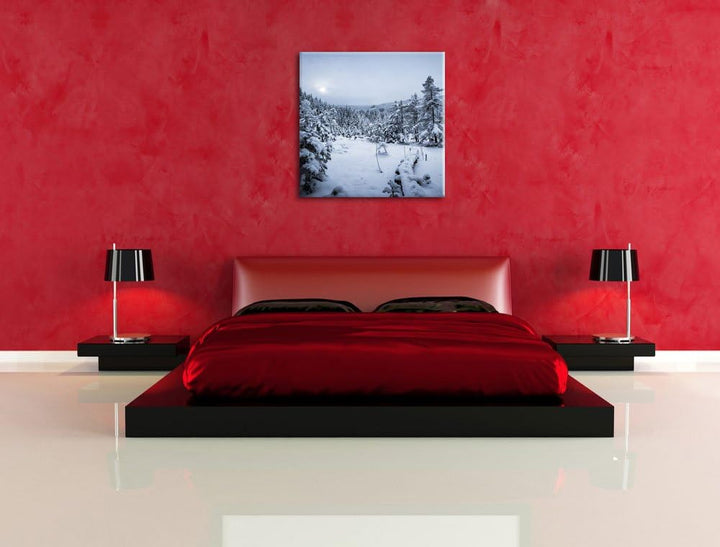 Pixxprint Winterlandschaft vereister See/Format: 70x70cm / Leinwandbild fertig bespannt Wandbild Kun