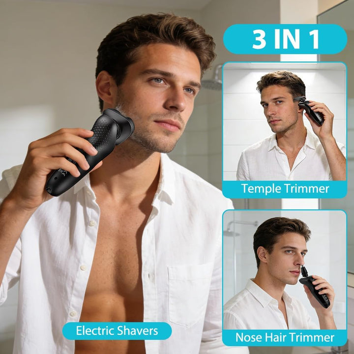 Aolso Rasierer Herren Elektrisch, 3 IN 1 Elektrorasierer mit Nasen-/Kotelettenaufsatz, IPX6 Waterpro
