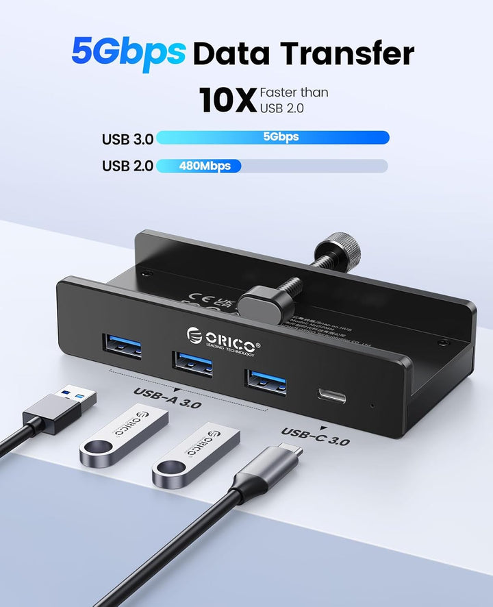 ORICO USB Hub, Aluminum USB 3.0 Hub Clip mit 5V Stromversorgungsanschluss, 5Gbps 4 Port USB Verteile