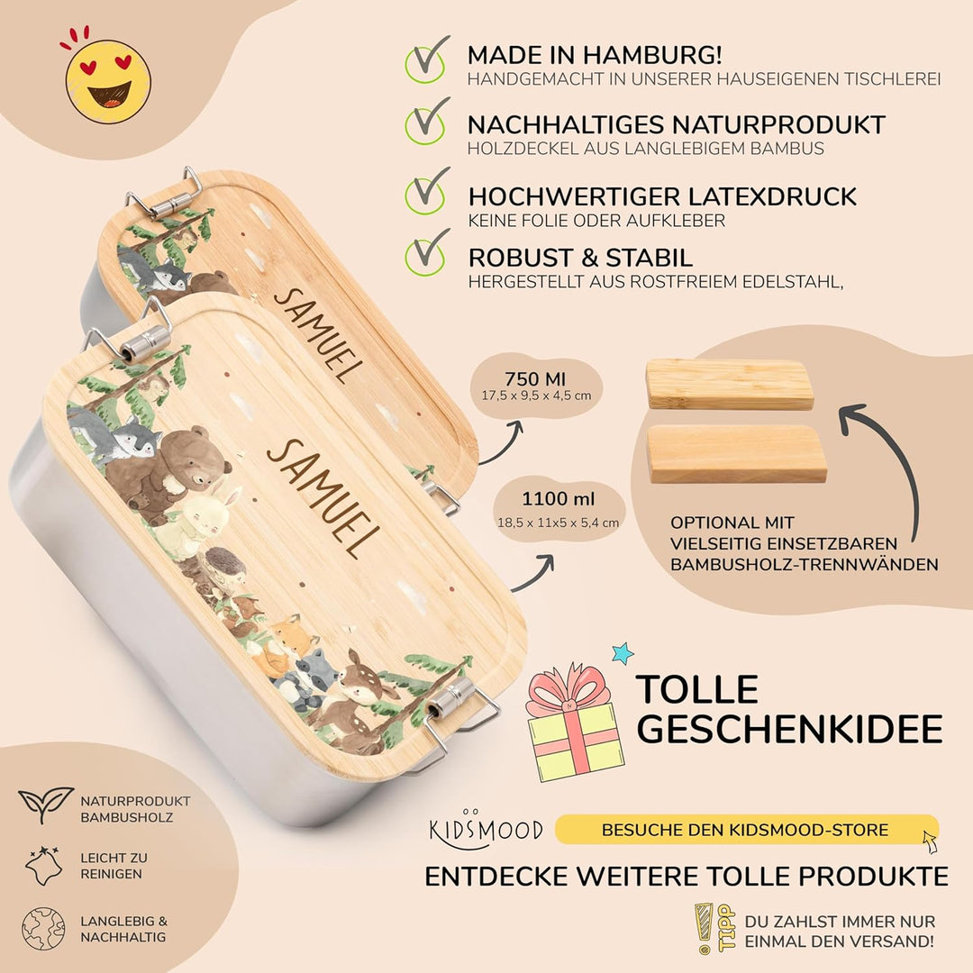 Kidsmood - Personalisierte Brotdose Kinder mit Fächern, Edelstahl Lunchbox mit Bambusdeckel | Schads