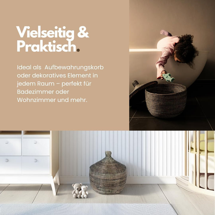 Afrikanischer Korb mit Deckel | Geflochtener Korb KAOLACK | Handgefertigt aus Savannengras | Nachhal