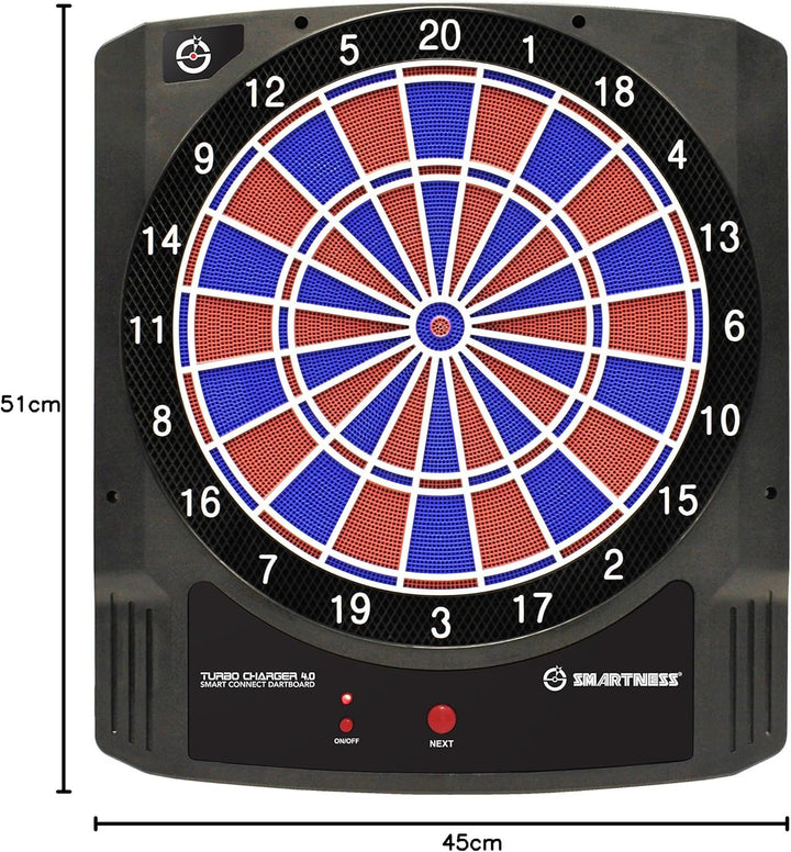 Carromco Elektronische Dartscheibe mit App - Turbo Charger 4.0 - Set: 6 Softdarts, 20 Ersatzspitzen,
