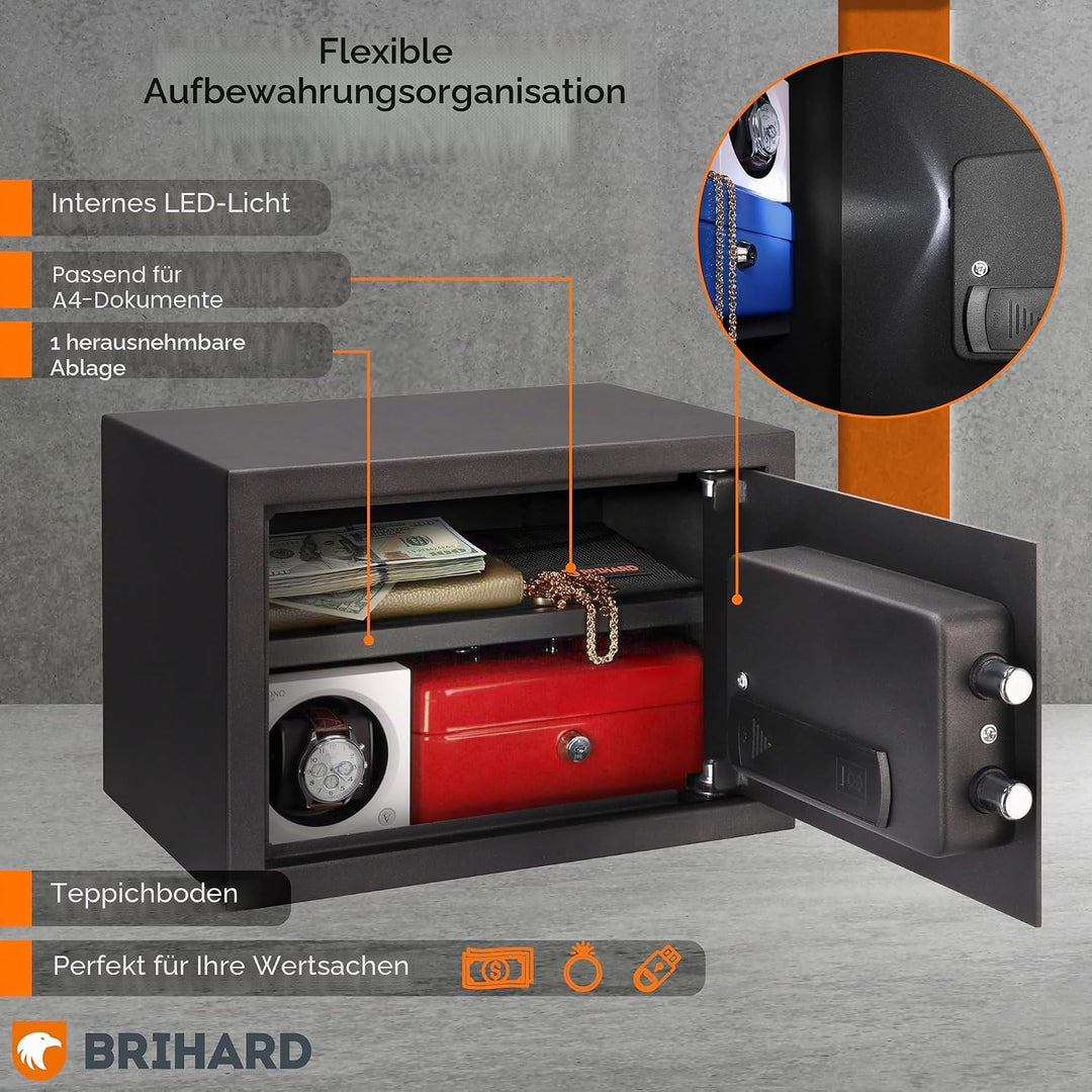 Brihard Biometrischer Safe E14602B – 2-in-1 Digitale Tastatur und Fingerabdruck – Home Tresor 25 cm