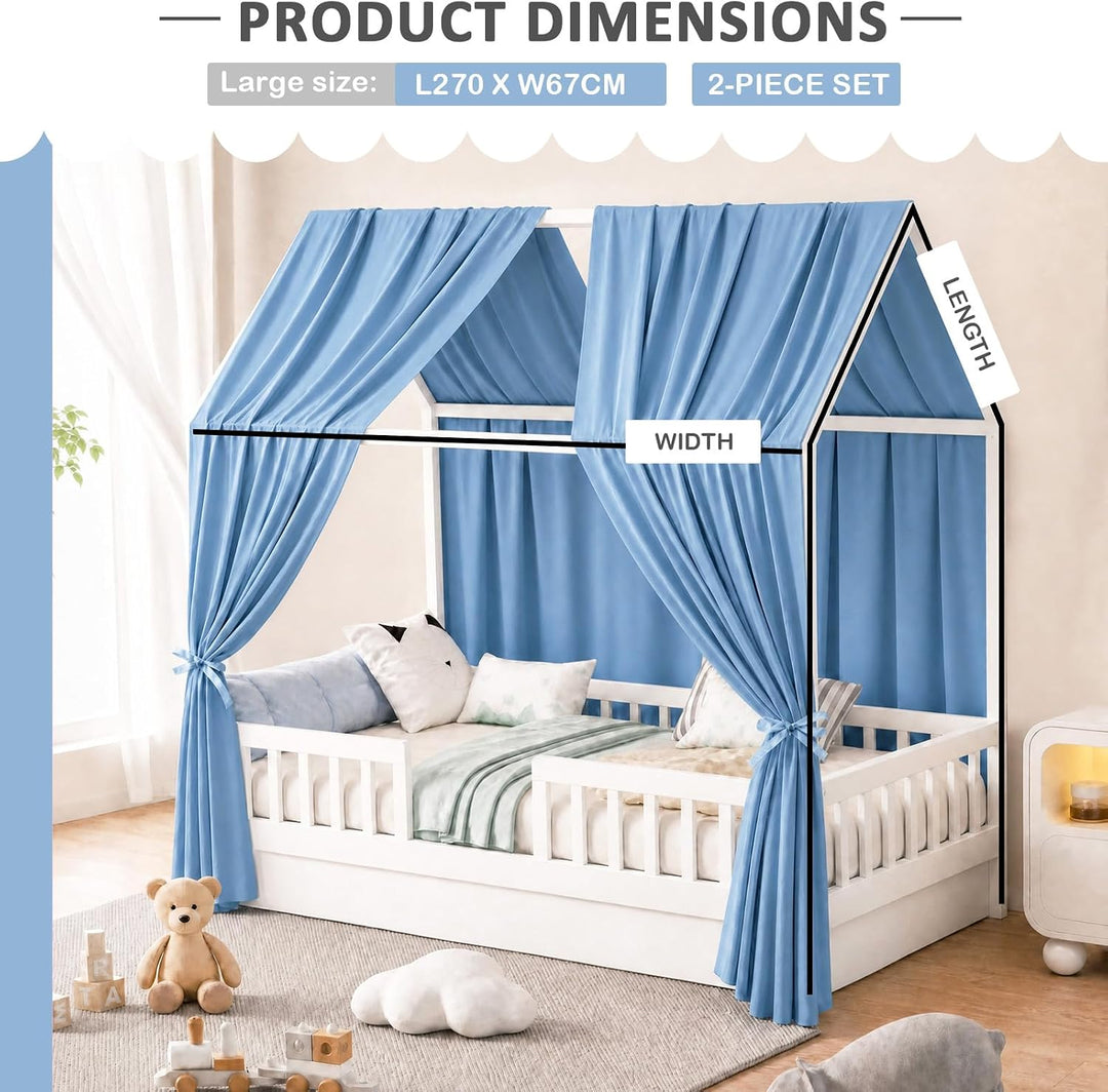 Hausbett Himmel Blau, 2er Set H270 x B67 cm Kinder Himmelbett Vorhänge Musselin mit Atmungsaktiv &amp; W
