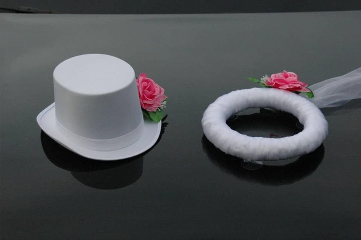 Schleier UND Hut Autoschmuck Rose Car Dekoration Hochzeit Wedding ®Auto-schmuck (Rosa/Weiss) Rosa /