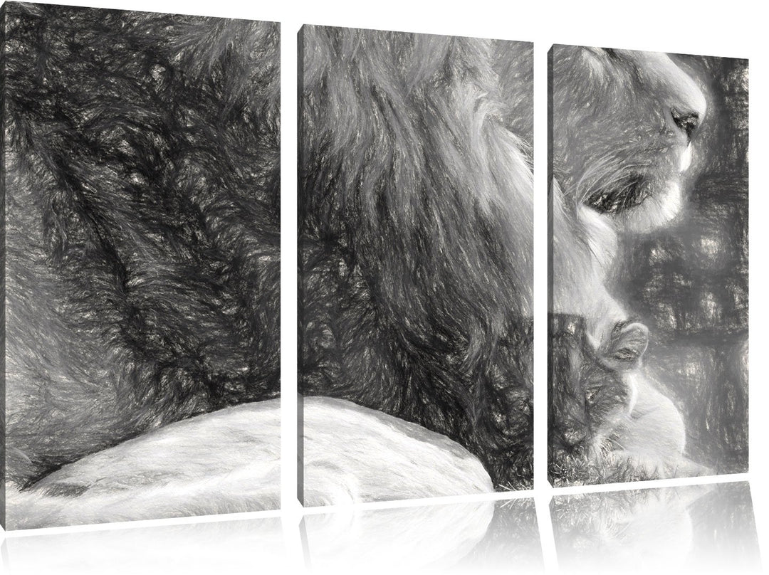 Pixxprint Löwe mit Löwenbaby als Leinwandbild/Grösse: 3 Teilig (120x80) cm/Wandbild/Kunstdruck/ferti
