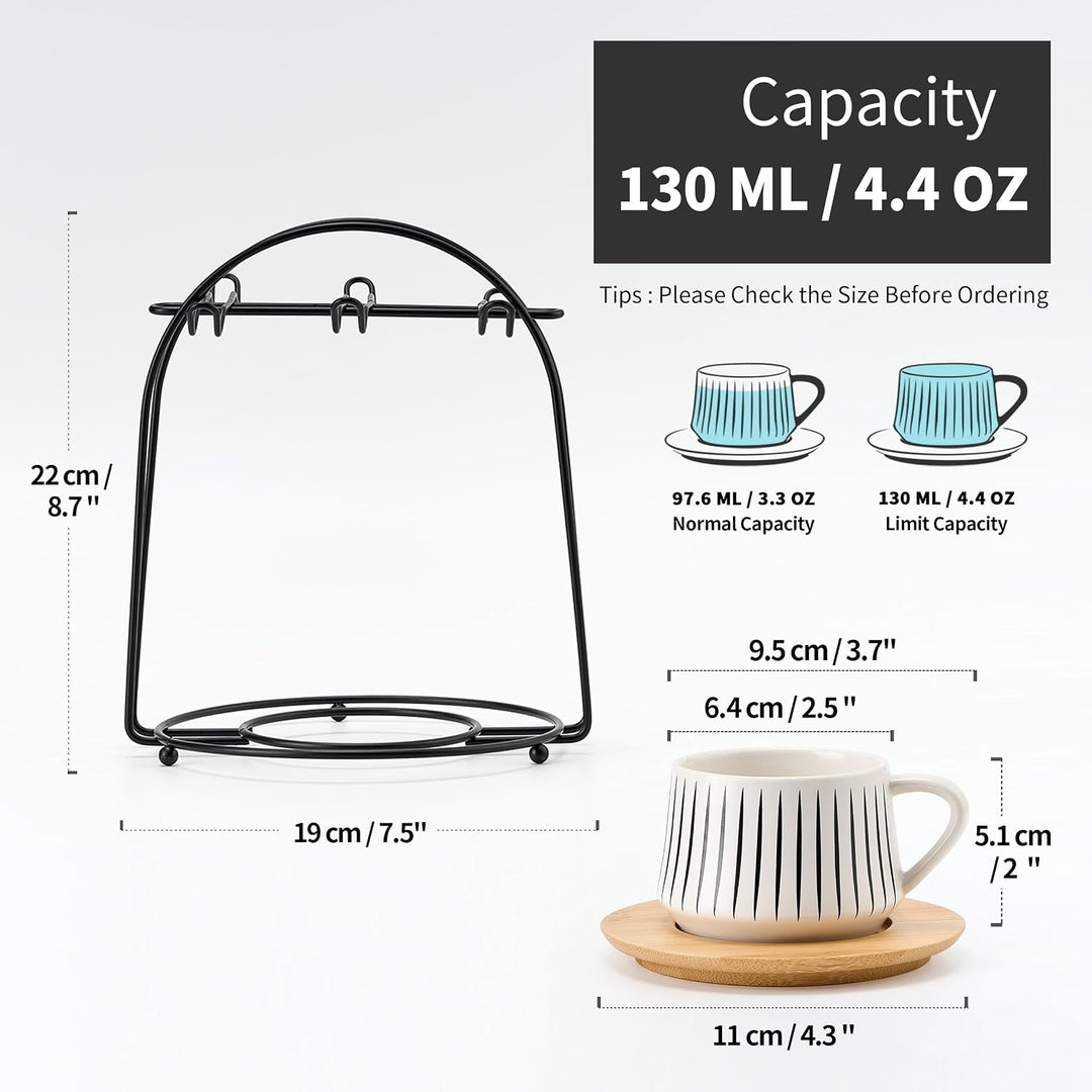 PORCER Set mit 6 Keramik-Kaffeetassen 130 ml (4,4 oz) mit Holzuntertasse und schwarzem Metallständer