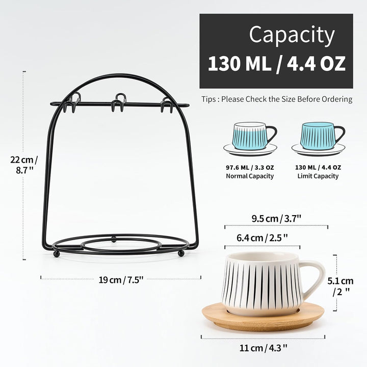 PORCER Set mit 6 Keramik-Kaffeetassen 130 ml (4,4 oz) mit Holzuntertasse und schwarzem Metallständer