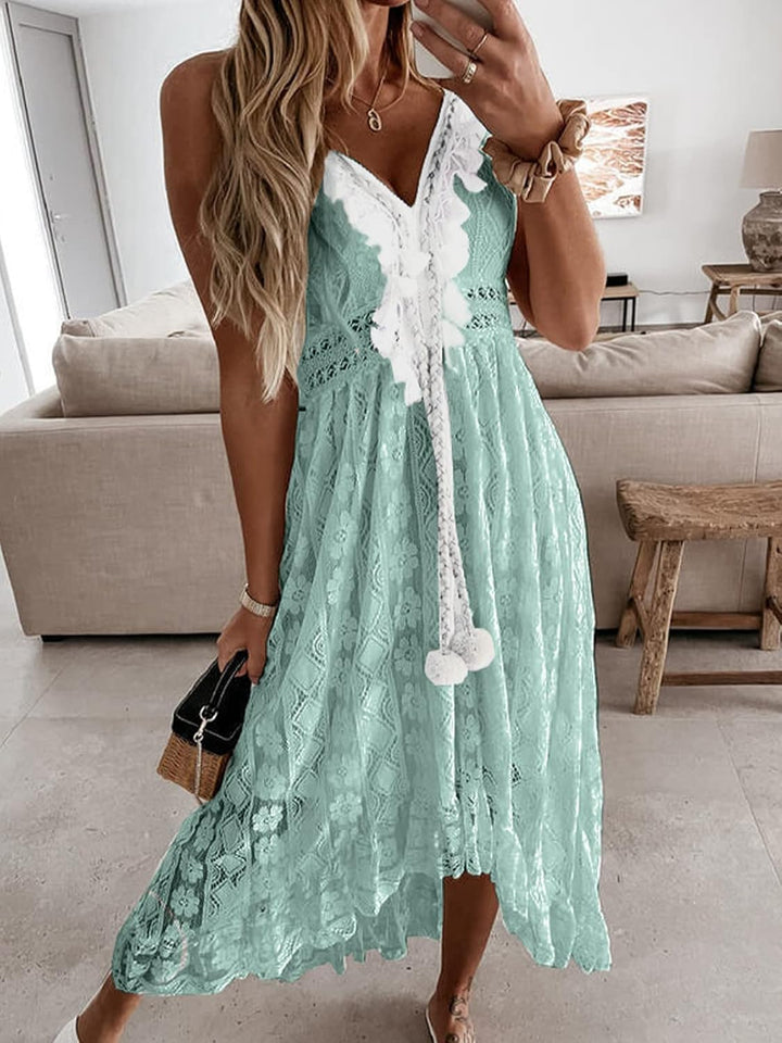 CUPSHE Damen Sommerkleid V Ausschnitt Floral Spitze Quasten Spaghetti Trägerkleid Freizeitkleider Hi