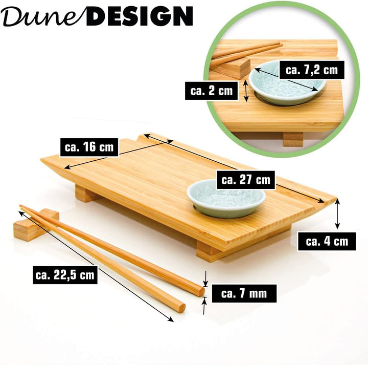 DuneDesign Sushi Geschirr Set 2 Personen - 27x16x4 Sushi Brett Bambus Bank Geschirr Komplettset Sush