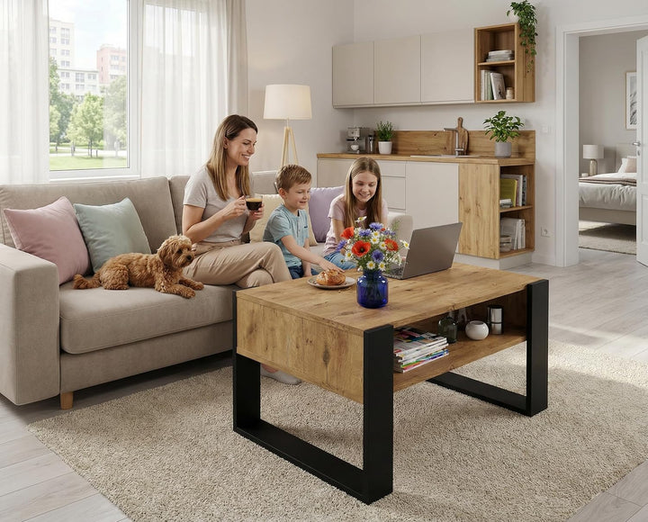 CraftPAK Wohnzimmer Tisch für Couch aus hochwertigem Holzwerkstoff, moderner Couchtisch mit zusätzli