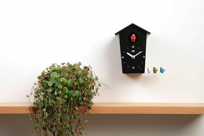 KOOKOO Birdhouse Mini Schwarz, Design Kuckucksuhr mit 12 Vogelstimmen oder Kuckuck, Schwarz