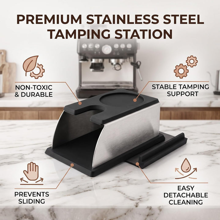 Tamperstation, Kaffee Tampfenmatte Halter Tamper Pulver Maker Stand aus Edelstahl und Silikon Tampin