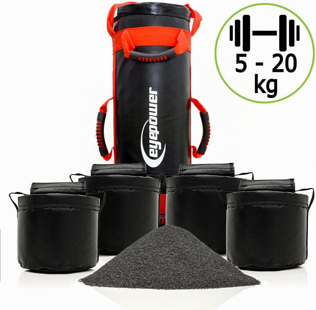 eyepower 20kg Profi Power Bag + 4 Wasserdichte Kettlebell Gewichte mit Eisensand - Besser als Geräte