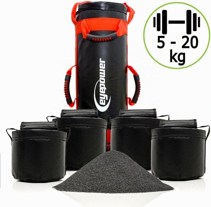 eyepower 20kg Profi Power Bag + 4 Wasserdichte Kettlebell Gewichte mit Eisensand - Besser als Geräte