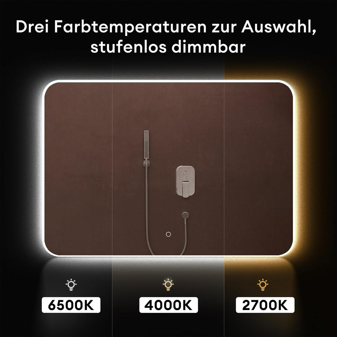 dopporo LED Badspiegel 90x70cm Badzimmerspiegel mit Beleuchtung Spiegel mit runden Ecken Wandspiegel