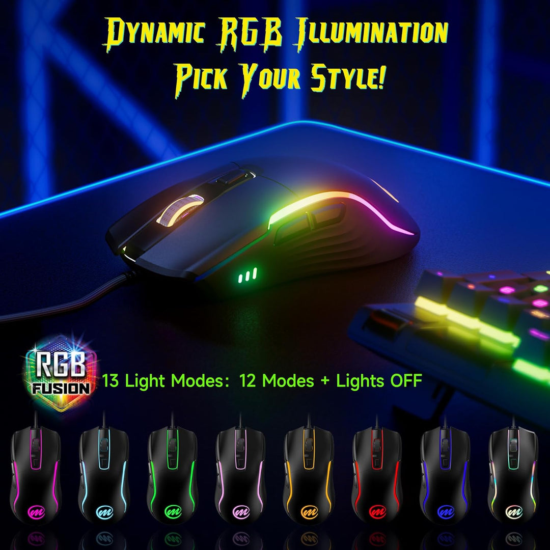 memzuoix Gaming Maus mit Kabel und LED-Lichtern – 12.800 DPI einstellbar, 6 Tasten, 12 RGB-Modi, Erg