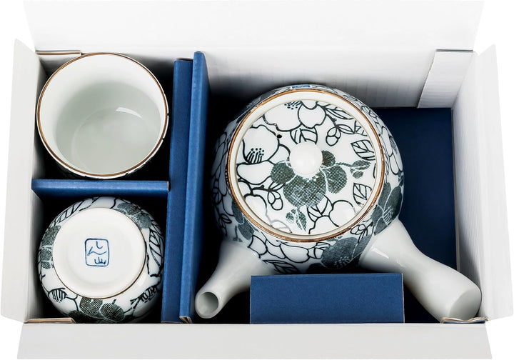 Kyusu Teekanne Set HANA Porzellan Einhandkanne Zwei Teebecher in Geschenkbox hergestellt in Japan Ka