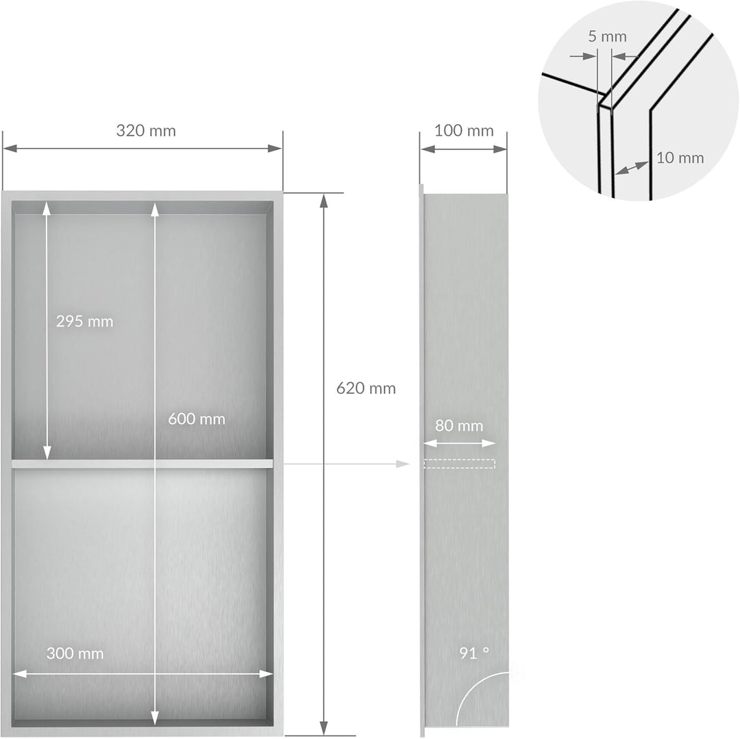 LuxeBath Wandnische Doppel aus Edelstahl, 30x60x10cm, Silber, Duschnische mit Rahmen, Einbauregal, F