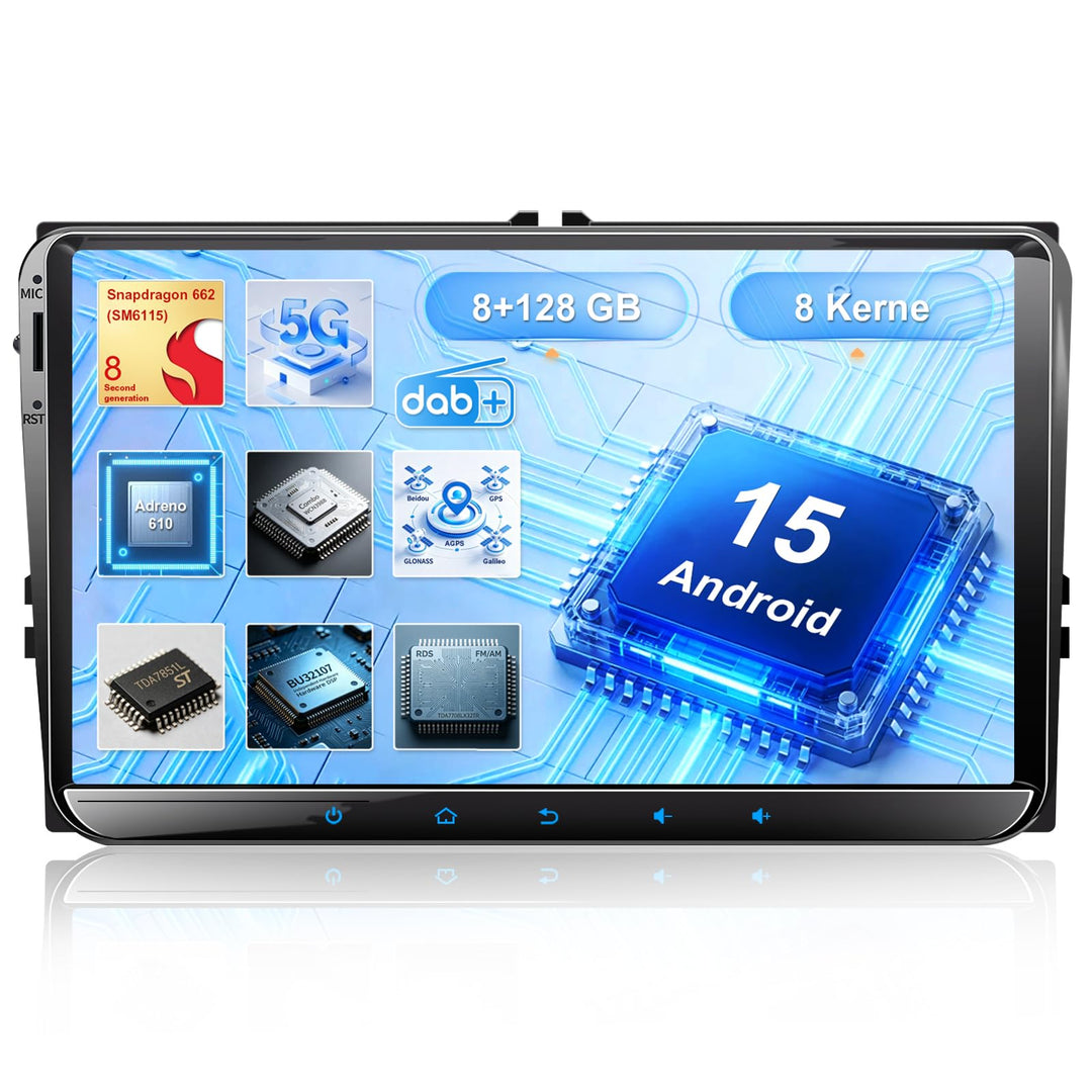 Android 15 8 Kerne 9 Zoll 8+128G Autoradio mit Qualcomm Chip Bildschirm für Golf 5 Golf 6 T5 VW Polo