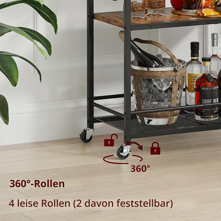 Servierwagen mit Rollen Barwagen mit Gläserablage und Weinregal Metall Teewagen Küchenwagen auf Roll