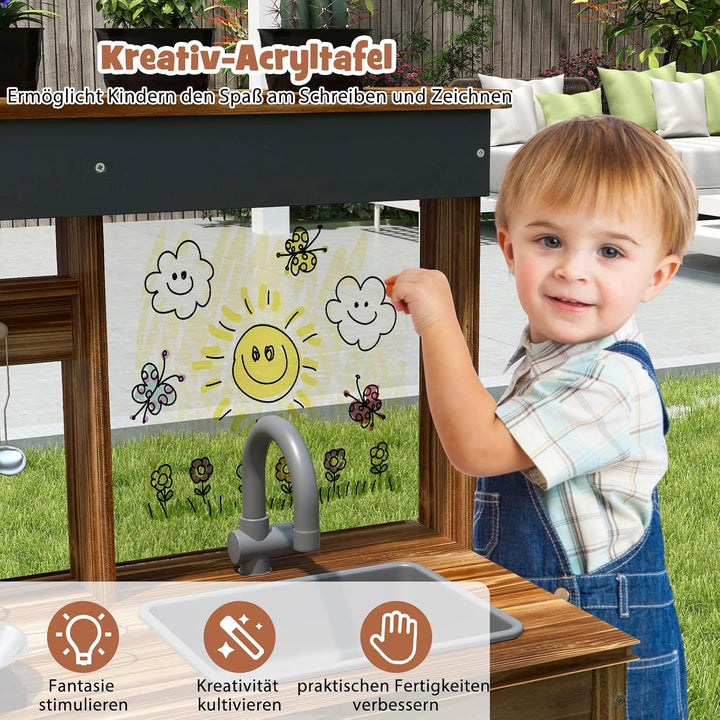 DREAMADE Matschküche Kinder Outdoor, Spielküche aus Tannenholz mit Waschbecken, Wasserhahn, 2 Herden