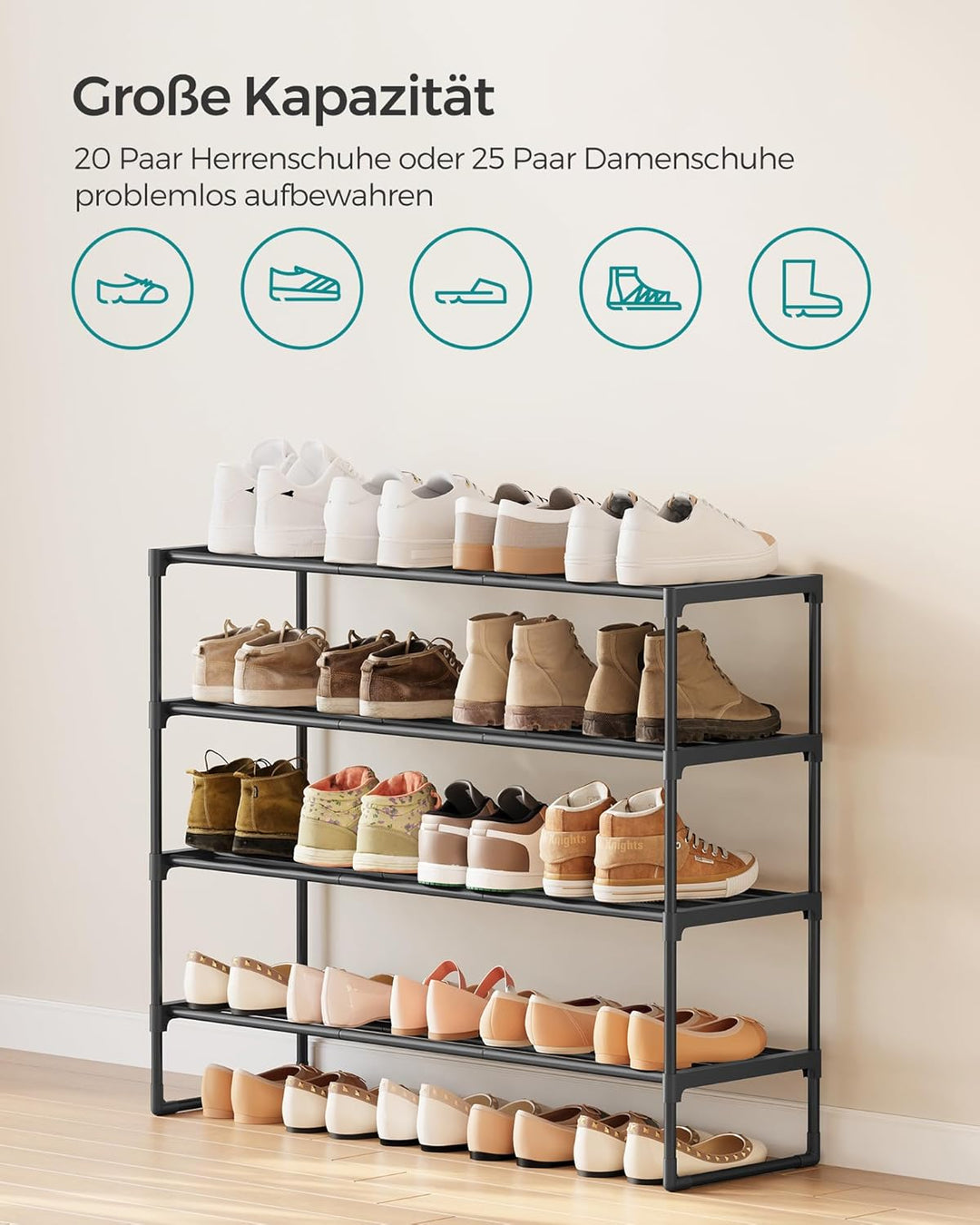 SONGMICS Schuhregal 4 Ebenen, Schuhständer Metall, Schuhaufbewahrung, Schuh-Organizer, aufrecht oder