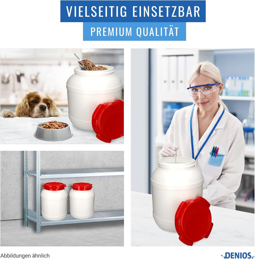 DENIOS® Weithalsfass WH 26, aus Polyethylen (PE), 26 Liter Volumen, weiss/rot, maximal sicher, 26 Li