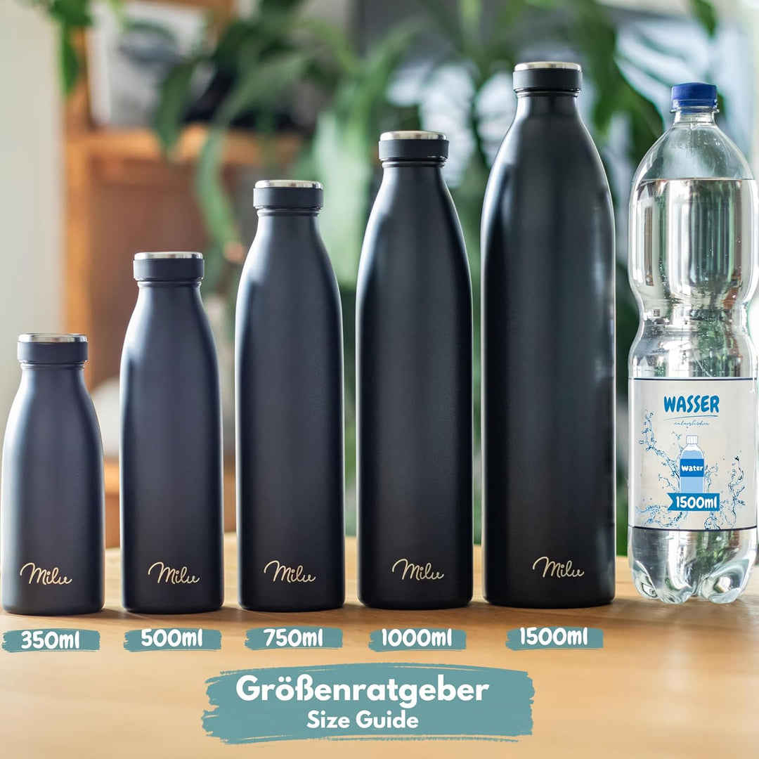 Milu Edelstahl Trinkflasche 350ml, 500ml, 750ml, 1L, 1,5L – Thermosflasche für Kinder Erwachsene aus