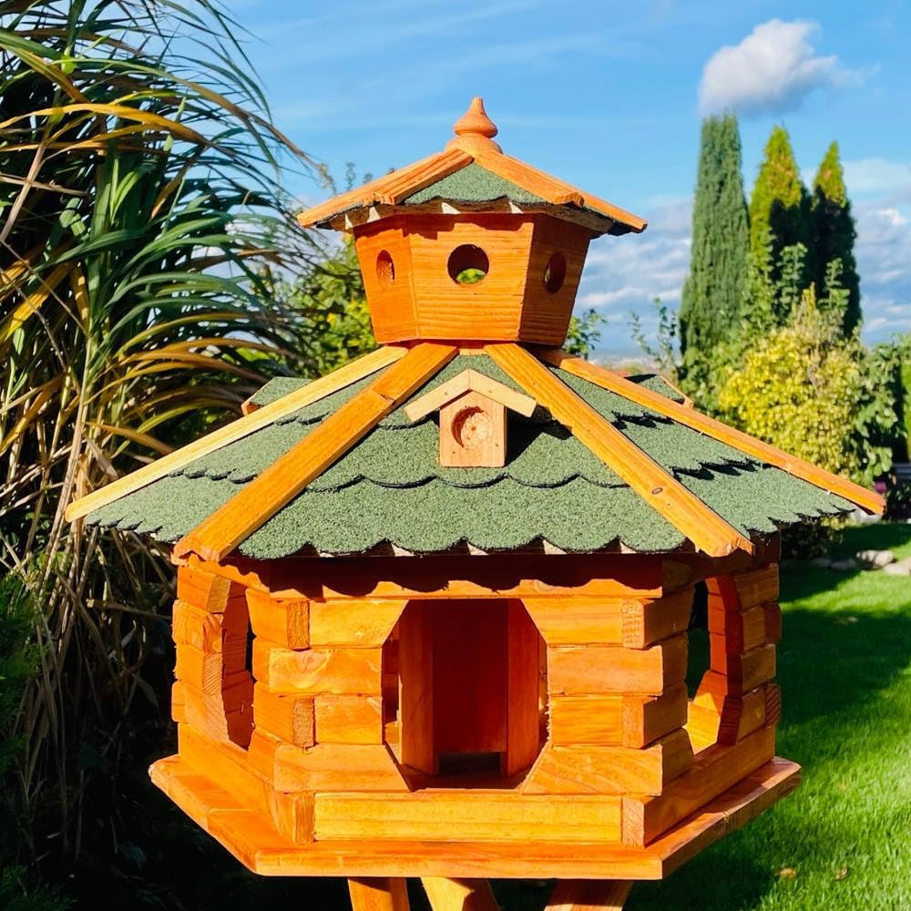 handgefertigtes Sechseck Vogelhaus aus Holz wetterfest M - XL mit und ohne Ständer, Futterhaus, Futt