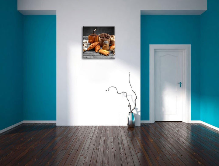 Pixxprint Aromatischer Kaffee mit Croissant als Leinwandbild/Grösse: 70x70 cm/Wandbild/Kunstdruck/fe