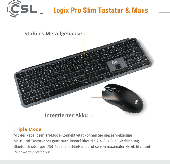 CSL Logix Pro - Tastatur Maus Set kabellos in schwarz mit QWERTZ Layout bestehend aus Funktastatur,